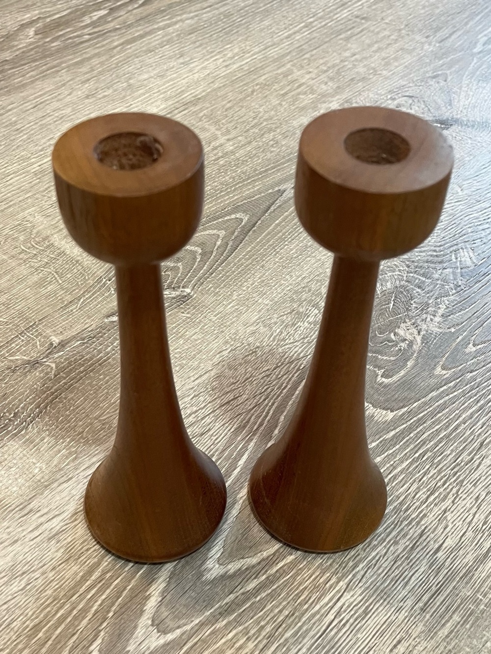 2 MCM Brown Wooden Candle Stick Holders Mid-Century Modern Contemporary